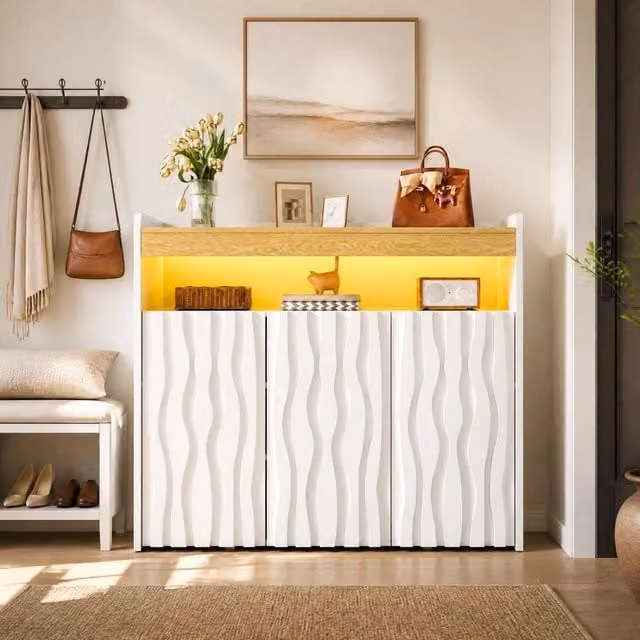 Buffet contenitore bianco e naturale 105x35x90,5 cm con LED e 3 ante
