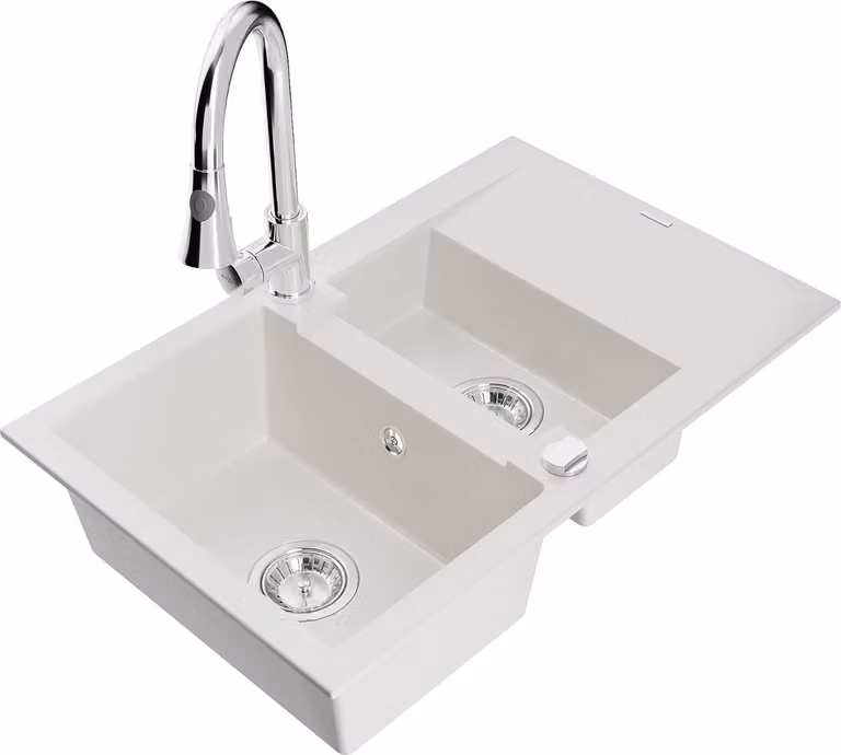 Mexen Gaspar lavello in granito 1,5 vasche con scolapiatti e rubinetto da cucina Elia, bianco - 6507-20-670101-00