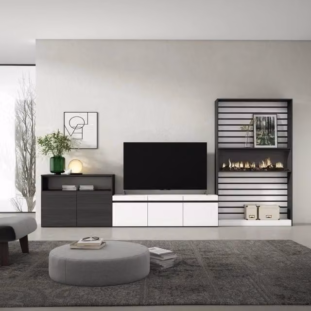 Mobile TV Skraut Home per soggiorno con camino elettrico e illuminazione integrata, Bianco e Nero, L: 360 cm, P: 35 cm, H: 186 cm