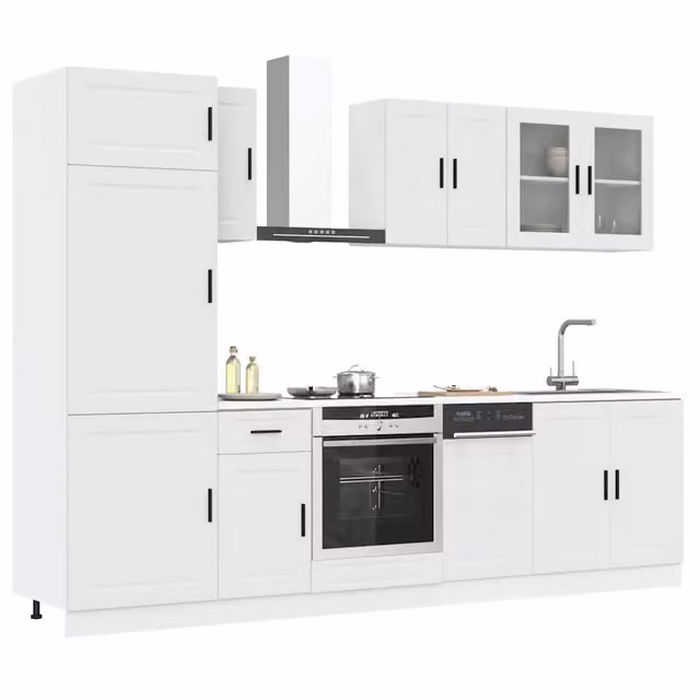 Set Mobili da Cucina Moderno vidaXL in Legno e Vetro Bianco con Ante in Vetro L/P/H: 331,48 x 81,5 x 80 cm