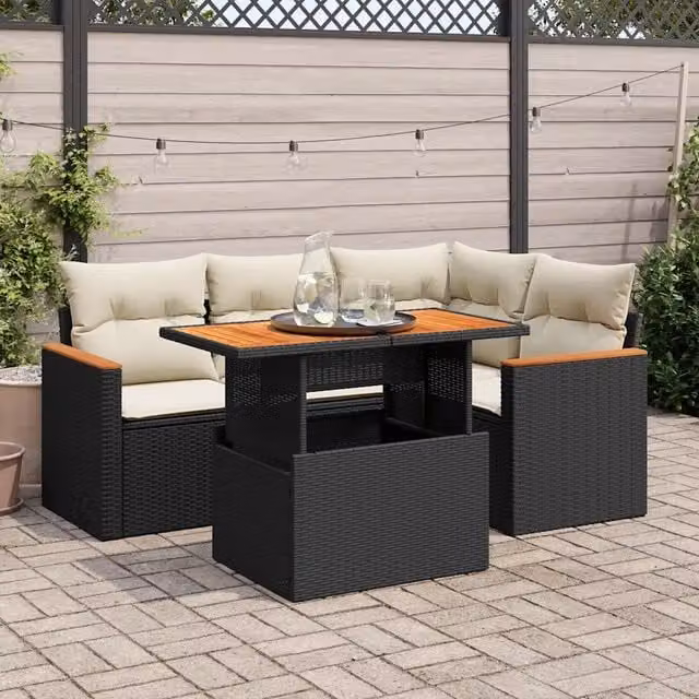 Set Divani da Giardino 5 pz con Cuscini Nero Polyrattan Acacia 3327479