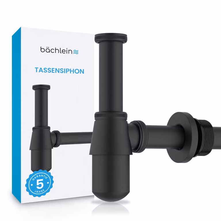 Sifone a tazza Bächlein universale per lavandini e lavabi (nero opaco), sifone anti-odori con apertura per la pulizia - sifone di design a bottiglia