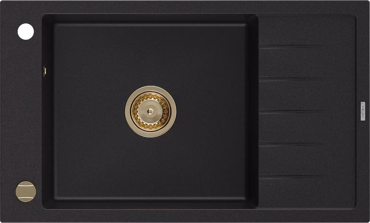 Mexen Elias lavello in granito 1-vasca con gocciolatoio 795 x 480 mm, nero, sifone dorato - 6511791005-77-G