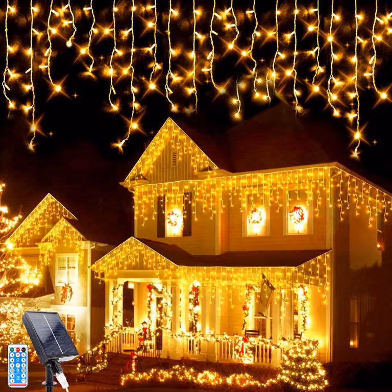 Catena luminosa solare, 7 metri, 256 LED, 32 gruppi, impermeabile, luce bianco caldo