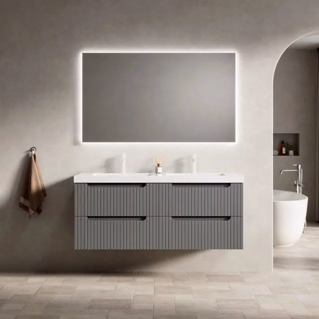 Mobile lavabo sospeso da bagno 120 cm, 2 lavabi integrati in pietra artificiale spessa, mobile in compensato striato con 4 cassetti, preassemblato, grigio scuro