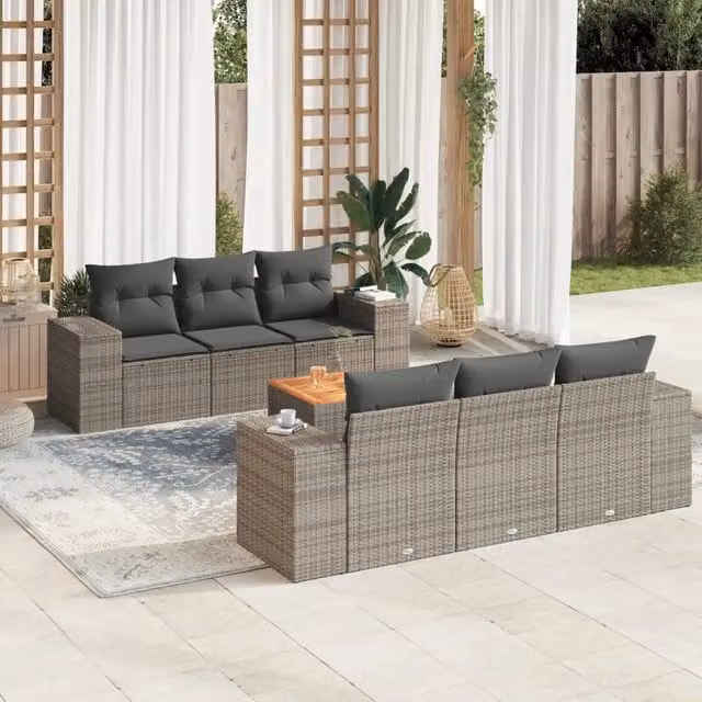 Set di divani da giardino VIDAXL in polyrattan grigio con 7 pezzi e cuscini inclusi – 1