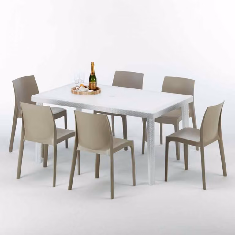 Tavolo rettangolare bianco e 6 sedie Set di bastoni da esterno in polipropilene colorato Grand Soleil Rome Summerlife - Beige