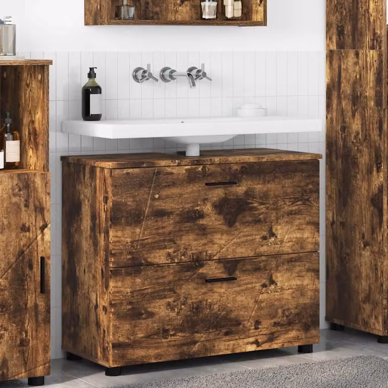 Mobile da bagno moderno vidaXL in rovere fumé con ante a battente e ripiani interni, L: 76,5 cm, P: 35 cm, H: 64 cm