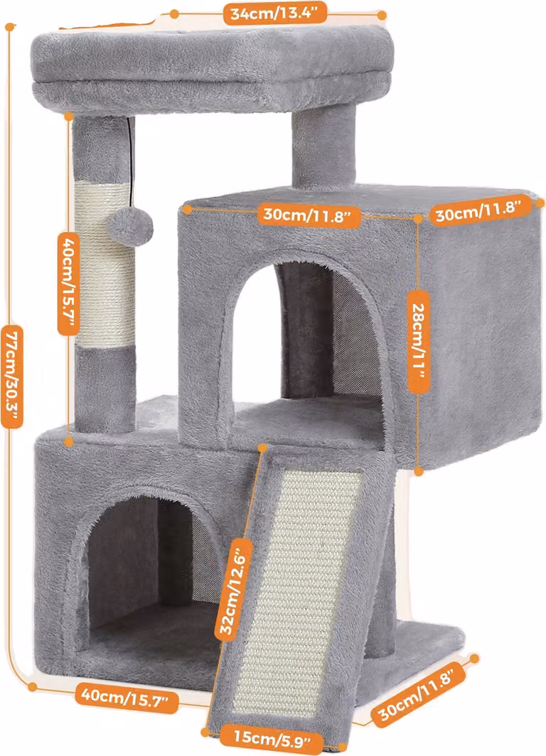 Grande tiragraffi, due spaziose cucce, struttura a quattro piani, AMT0253GY, L