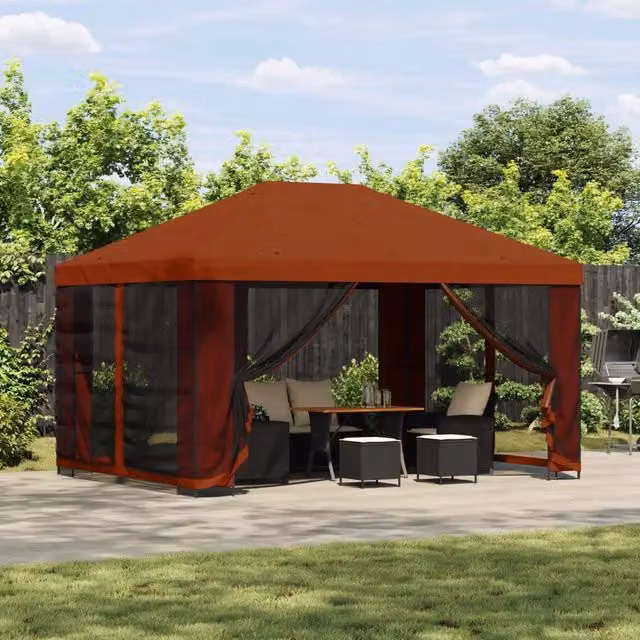 Gazebo Videx con pareti laterali in poliestere e struttura in acciaio zincato, L/P/H: 400 x 300 x 276,5 cm, Colore Terracotta