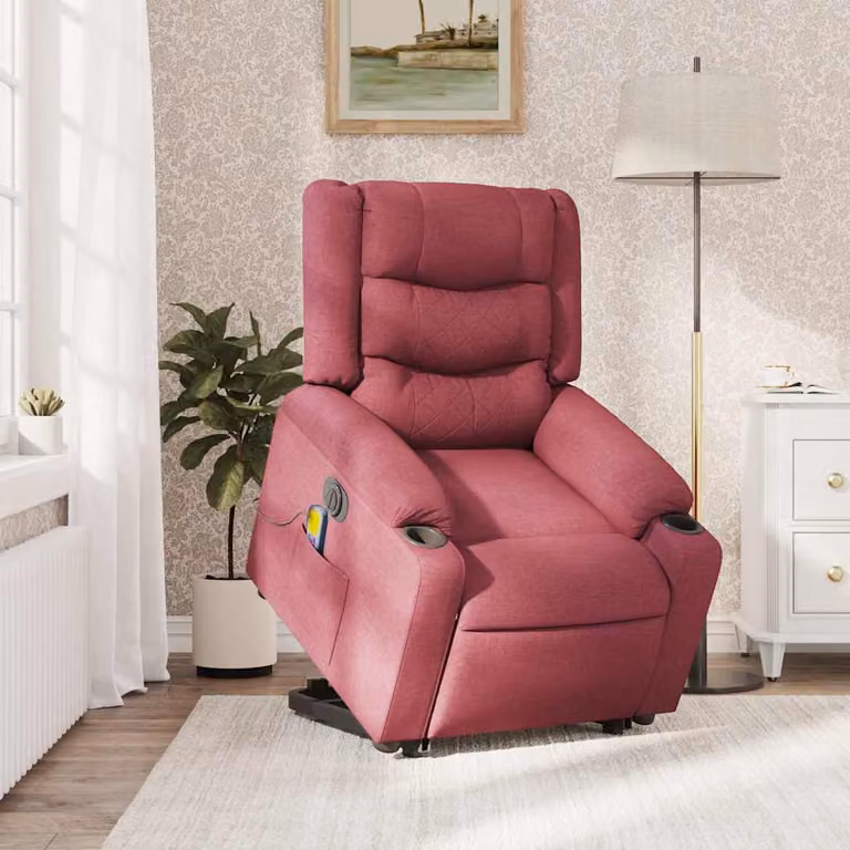 vidaXL Poltrona Alzapersona Massaggiante Elettrica Rosso Vino Tessuto