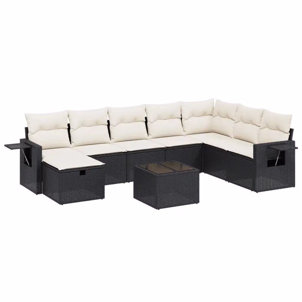 Set di divani da giardino vidaXL 9 pz a forma di L con cuscini, tavolo da caffè e pouf, colore nero con struttura in metallo e rattan – 2