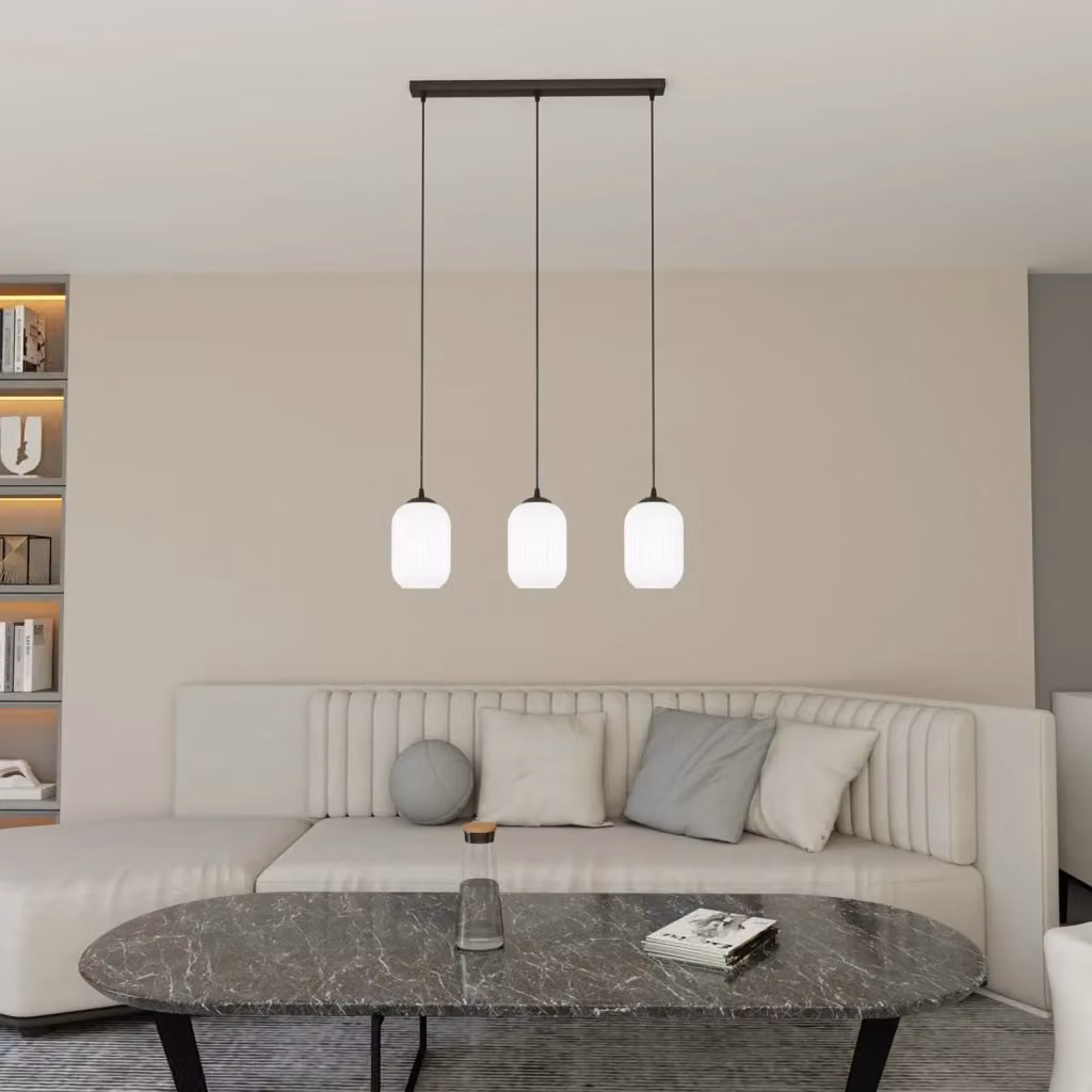 Lampadario a sospensione Luceart-Classic Nuit con 3 luci in acciaio nero e vetri plissettati color opale bianco – 2
