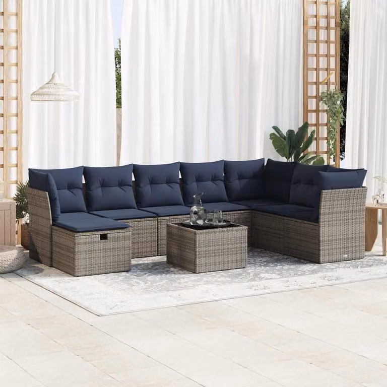 Set Divano da Giardino a L vidaXL 9 pz con Cuscini Grigio e Blu in Polyrattan e Metallo