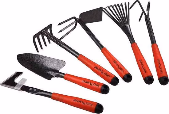 Set di 6 utensili da giardino Unyqoos® – Attrezzi manuali da giardino con sradicatore di erbacce, paletta da giardino, rastrello manuale, zappa manuale, rastrello per siepi, coltivatore; teste Acciaio al carbonio, manici in TPR
