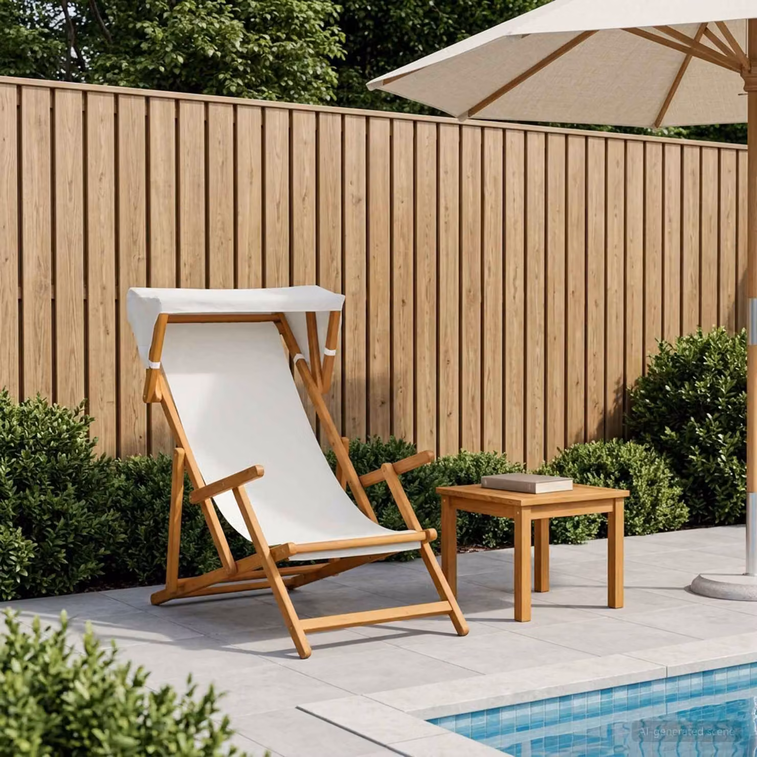 vidaXL Lettino da giardino in legno di eucalipto con tendalino e poggiatesta regolabile, beige