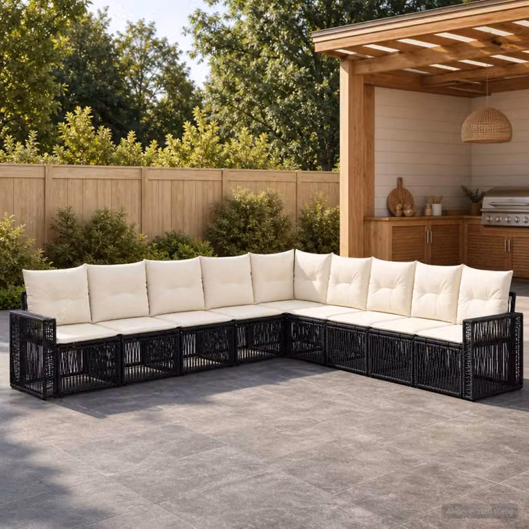 vidaXL Set Divano da Giardino a L in Polyrattan Nero e Bianco Crema con Cuscini Inclusi