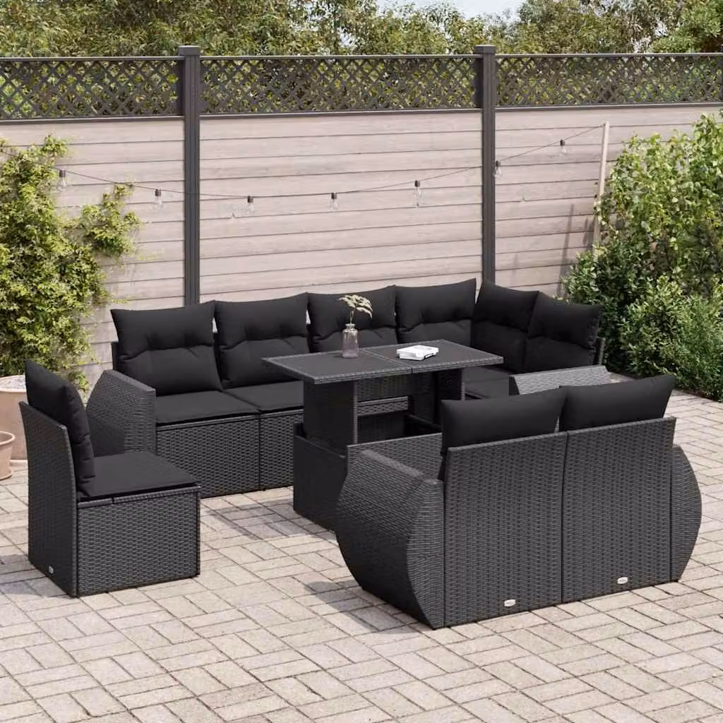 Set di divani da giardino vidaXL 9 pz in polyrattan nero con cuscini e tavolino da esterno a forma di U