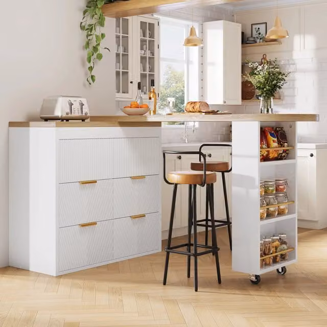 Desviae Tavolo bar girevole con 6 cassetti e ripiano laterale in MDF bianco per cucina e soggiorno 128–203 × 39 × 90 cm