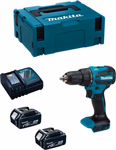 Trapano a percussione Makita DHP490RTJ con 2 batterie da 5,0 Ah, caricabatterie DC18RC e sistema di trasporto MAKPAC 2