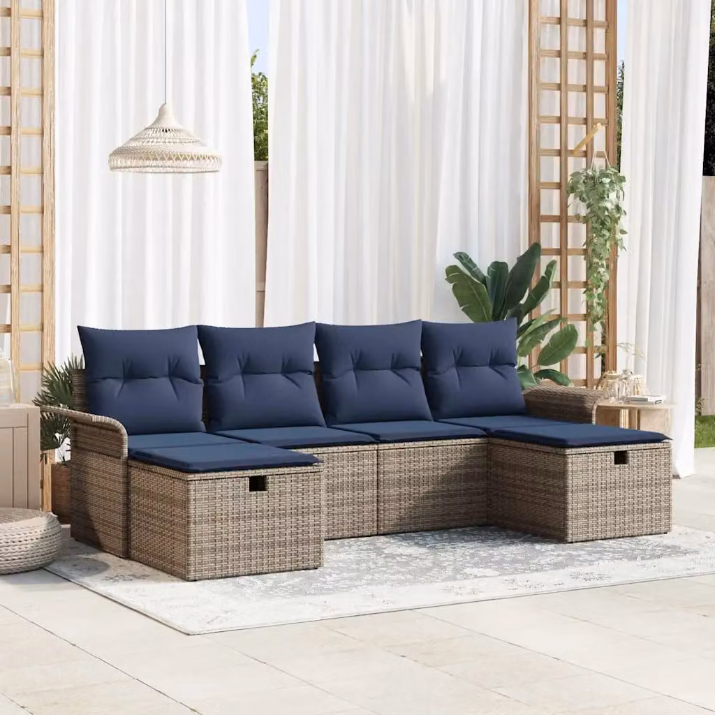 vidaXL Set Divano da Giardino 6 pz in Polyrattan con Cuscini Grigio e Blu Navy