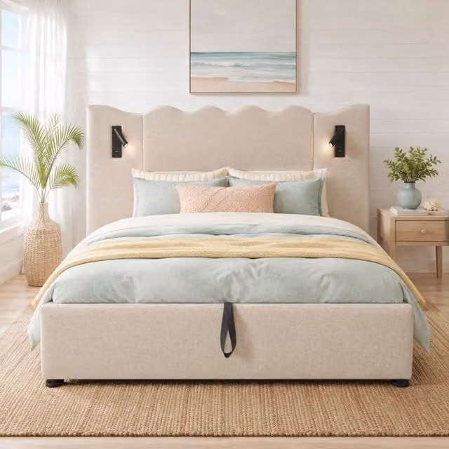 Letto matrimoniale contenitore 160x200 cm in lino beige con luce da lettura USB e Type-C