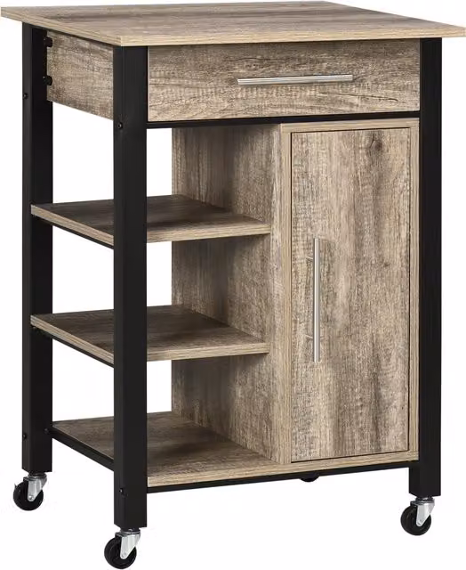 Carrello da cucina HOMCOM in legno color quercia con cassetto, mensole, armadietto e 4 ruote, L: 60 cm, P: 50 cm, H: 84.5 cm