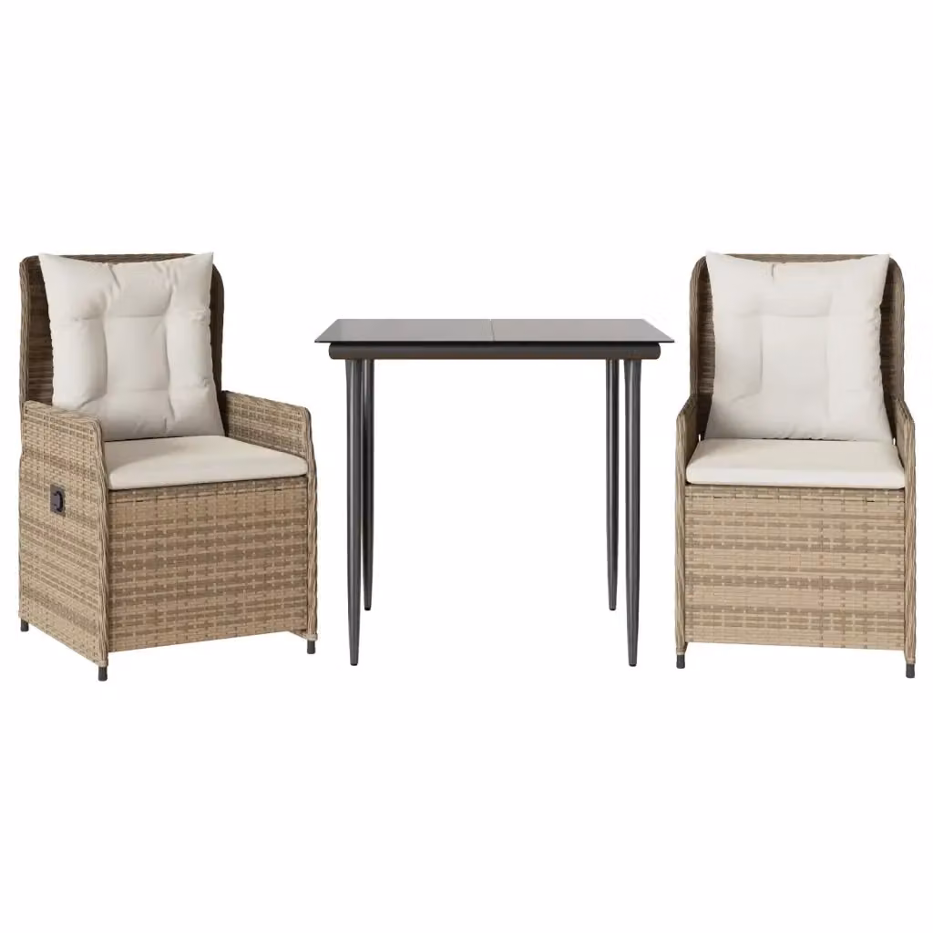Set da Pranzo da Giardino 3 pz vidaXL in Polyrattan con Cuscini Beige e Tavolo in Vetro – 2