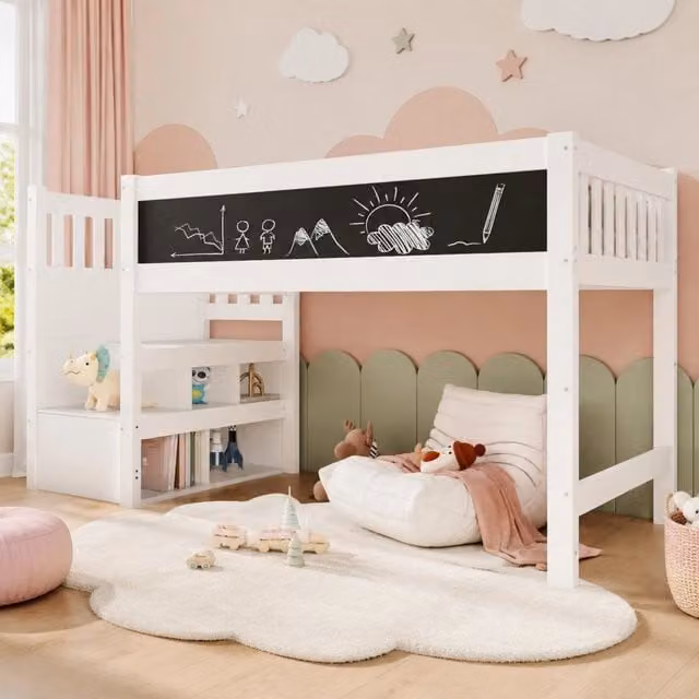 Letto a soppalco per bambini 90x200 cm in MDF e legno massiccio bianco con scala e lavagna