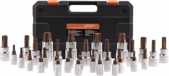 Set di cacciaviti Torx, da 6 a 70, in acciaio massiccio, acciaio S2 e acciaio Cr-V, con attacchi da 1/4 di pollice, 3/8 di pollice e 1/2 di pollice, fornito con valigetta per il trasporto, funzionamento manuale, set da 34 pezzi