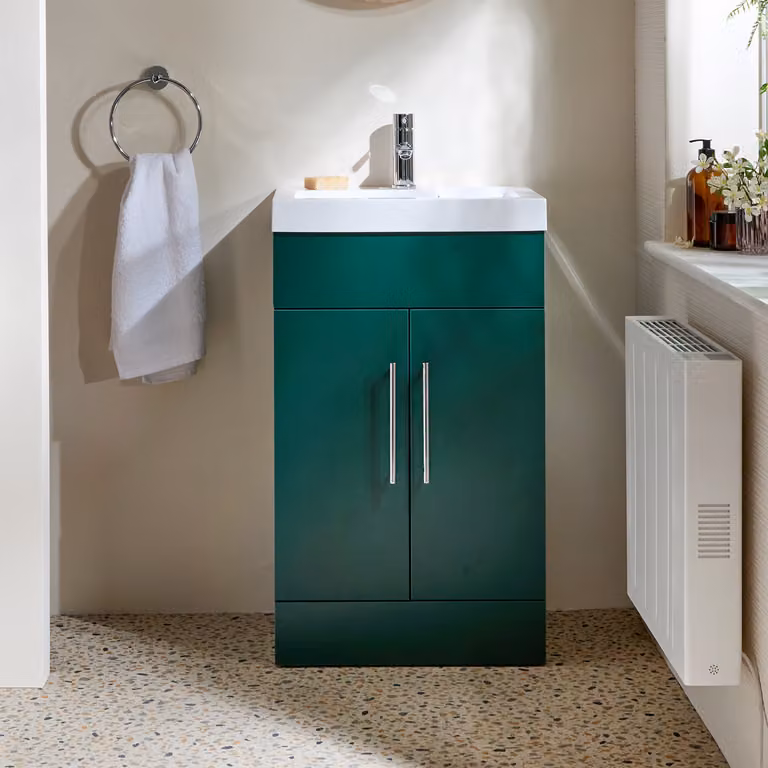 Mobile Bagno a Terra Verde Scuro da 500mm con Lavabo e Maniglie con Barra a T Cromate - Cluo