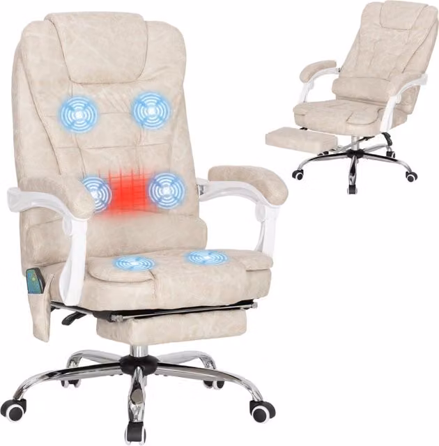 Sedia da Ufficio Executive Massaggiante in Effetto Pelle Beige con Poggiatesta e Braccioli