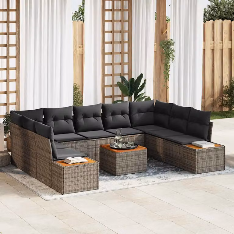 Set Divano da Giardino vidaXL 5 Pezzi in Polyrattan Grigio con Cuscini e Tavolino