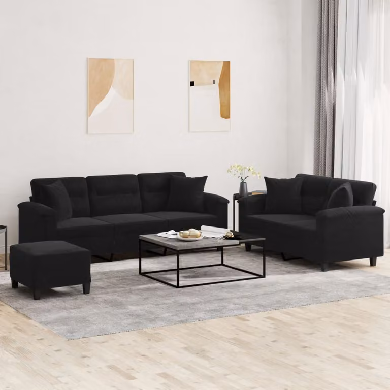 Set di Divani vidaXL 3 Pezzi con Pouf e Cuscini in Microfibra Nera per Soggiorno Moderno