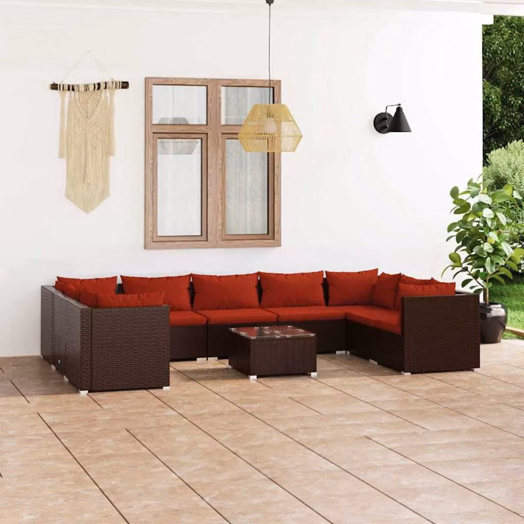 Set Divani da Giardino vidaXL 10 Pezzi con Cuscini e Tavolino, Design Moderno a Forma di U in Polyrattan Marrone e Rosso con Struttura in Acciaio Verniciato a Polvere