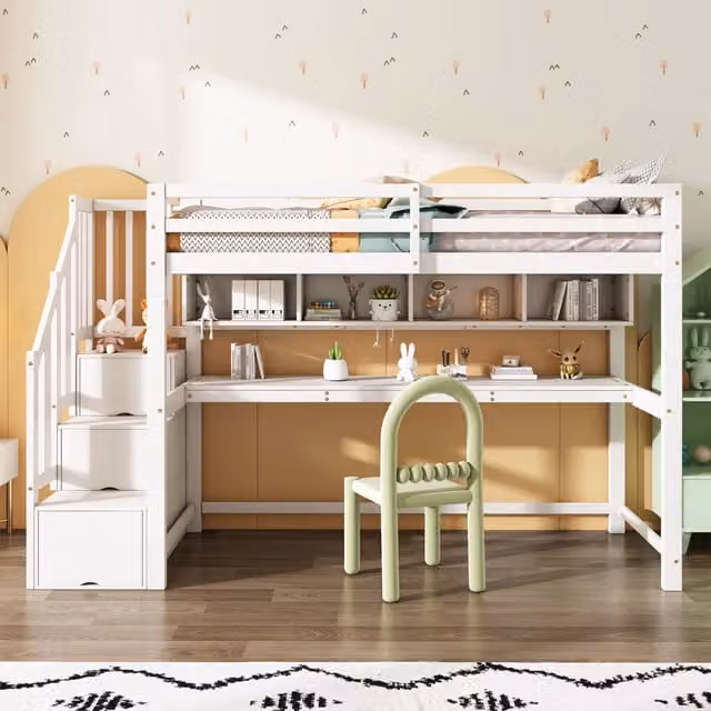 Letto a soppalco bambino 90×200 cm con scala contenitore, scrivania e ripiani, senza materasso, legno e MDF, bianco