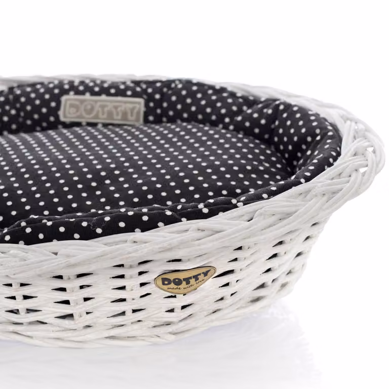 Cesto in vimini bianco sbiancato per cani Cesto Wiki con cuccia in cotone - Nero a pois bianchi - DOTTY