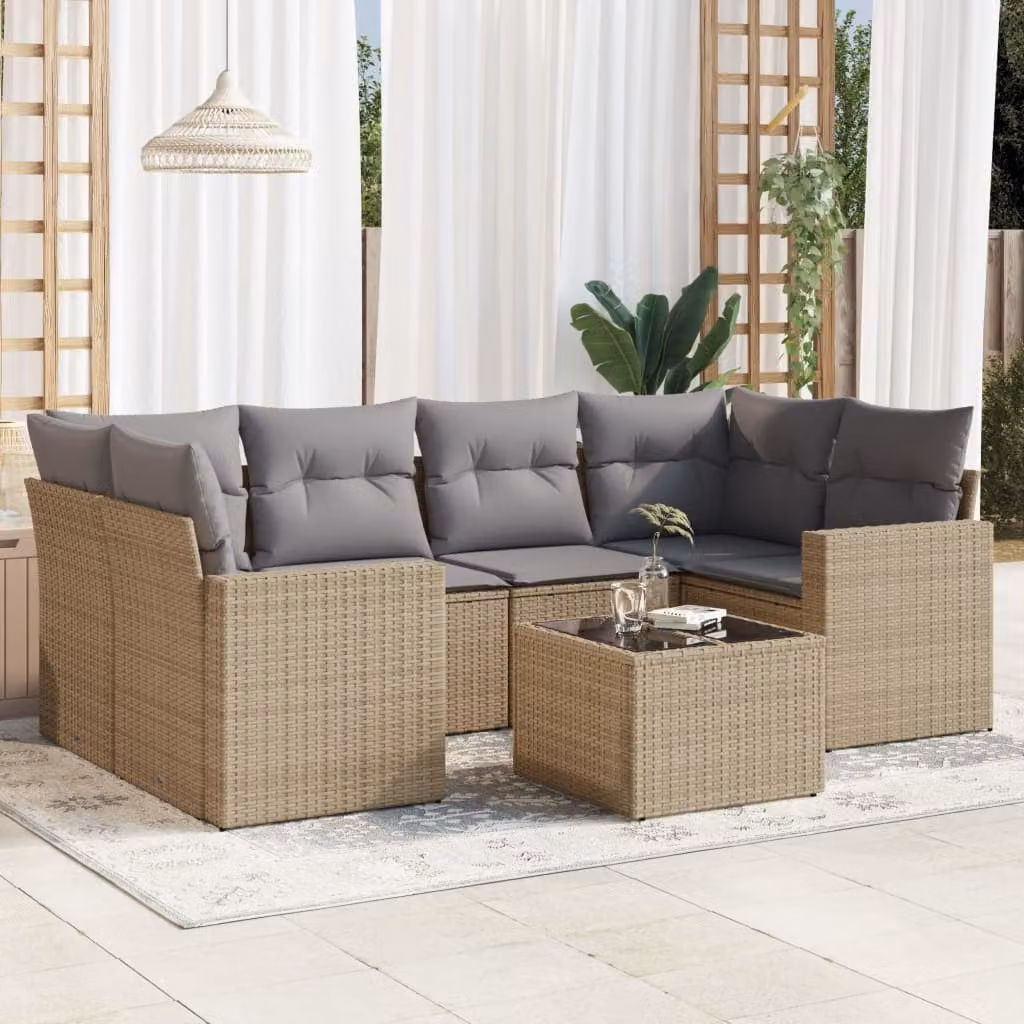 vidaXL Set Divani da Giardino 7 pz a L con Cuscini Beige e Tavolino in Polyrattan e Metallo