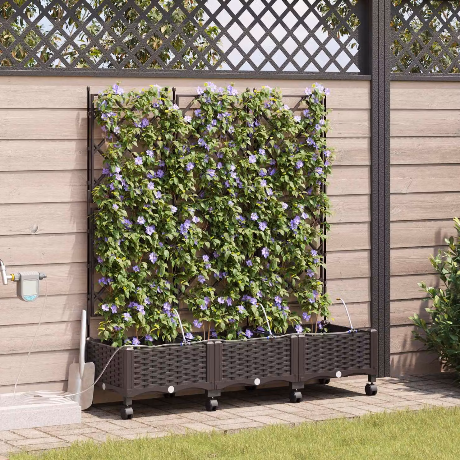 Set di 3 vasi da giardino con irrigazione e ruote vidaXL, colore marrone, in plastica