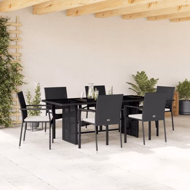vidaXL Set da Pranzo da Giardino 7 pz in Polyrattan Nero con Cuscini e Tavolo in Vetro
