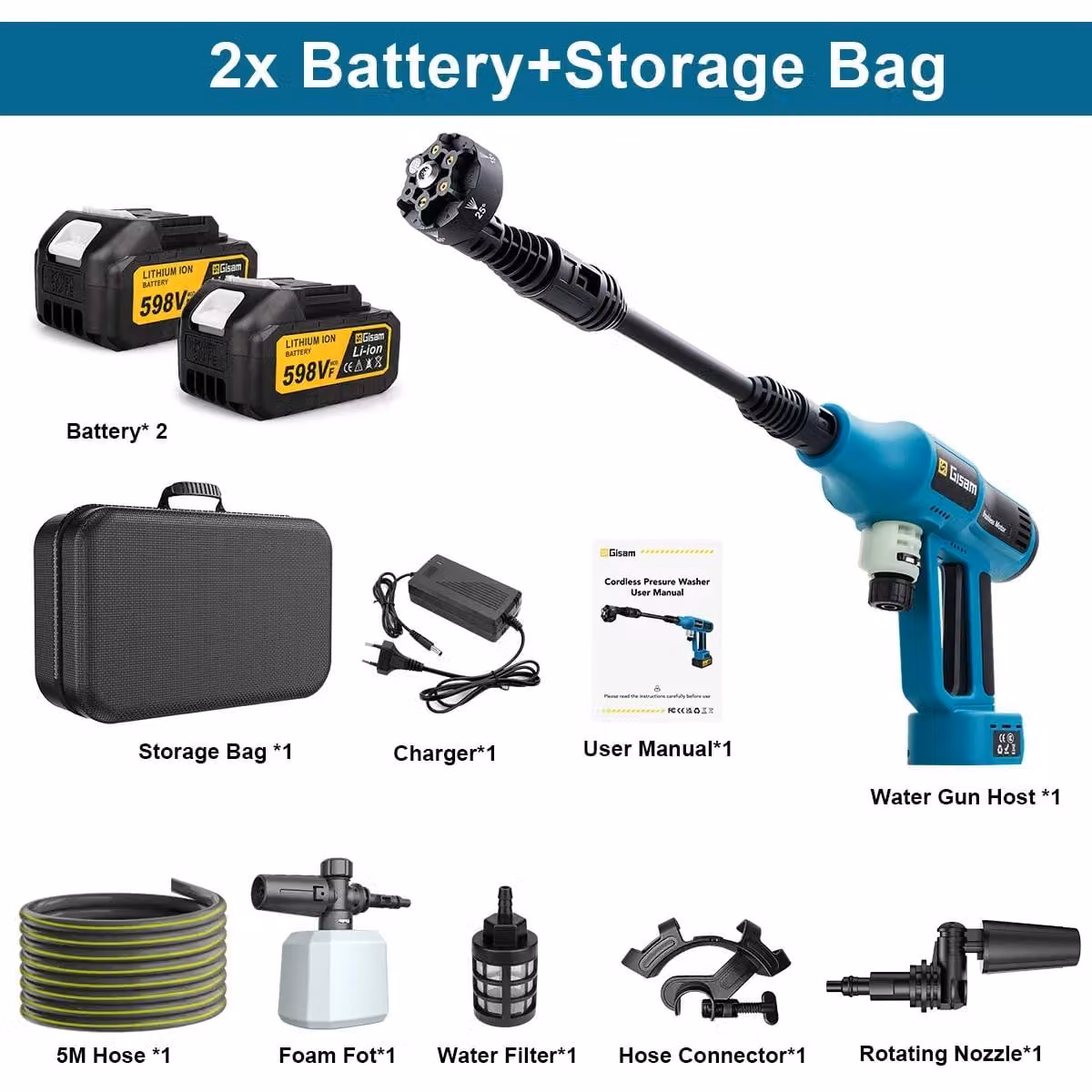 Idropulitrice senza fili - Pistola lavante elettrica - Motore brushless da 250 bar - 4 livelli di potenza - Per batteria da 18V - Dispositivo portatile - Con 2 batterie