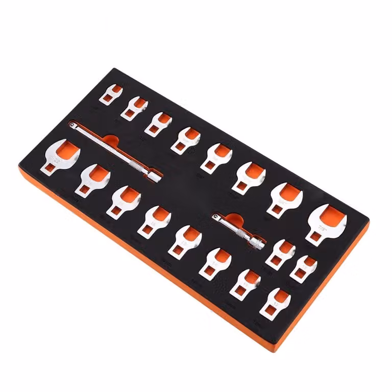 Set di chiavi a piede di porco - 3/8'' drive - Set di chiavi a piede di porco da 20 pezzi + 2 barre di prolunga e organizzatore di utensili in EVA - SAE 3/8-7/8'' e metrico 10-22 mm - Materiale 40CR.