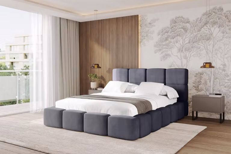 Letto imbottito ALTDECOR con contenitore - NATA 120x200 grigio scuro, letto con testiera, letto contenitore senza materasso, letto matrimoniale con spazio contenitivo