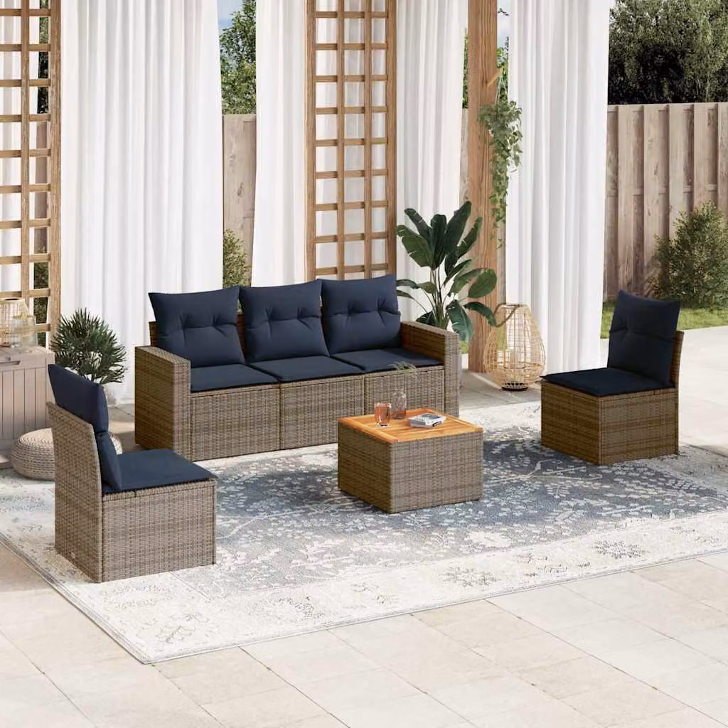 Set di Divani da Giardino vidaXL in Polyrattan con Cuscini Blu e Grigio, 6 Pezzi con Tavolino e Elementi Angolari – 1