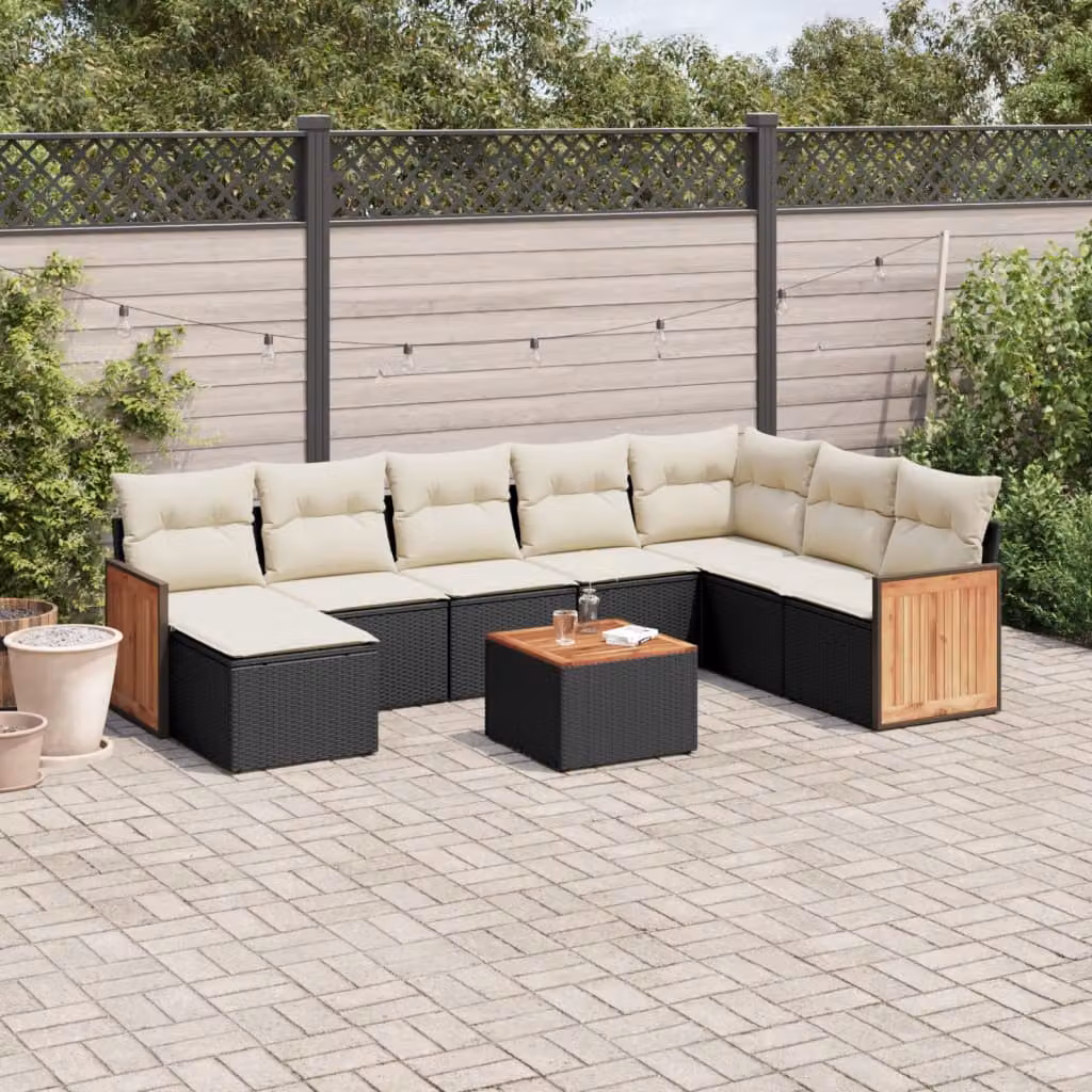 vidaXL Set Divani da Giardino 9 pz in Polyrattan Nero con Cuscini e Tavolino da Esterno a Forma di L – 1
