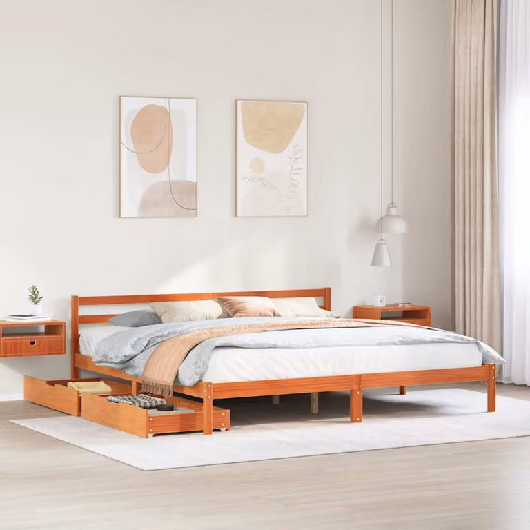 Letto senza materasso vidaXL in legno di pino marrone cera con doghe fisse L/P/H: 200 x 200 x 205,5 cm