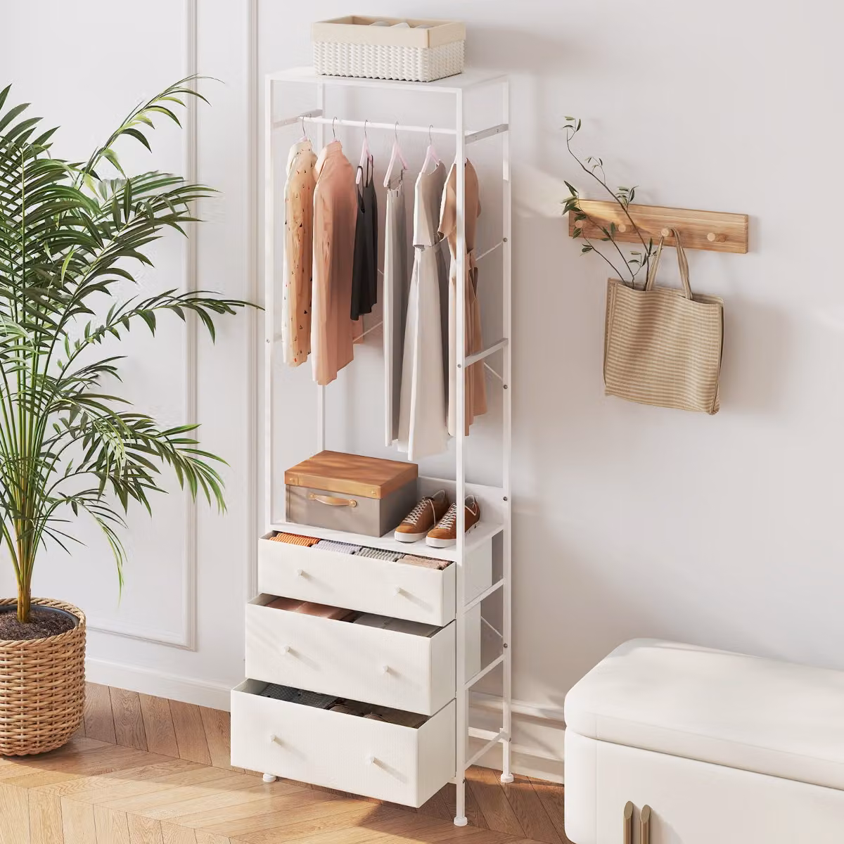 Appendiabiti con cassetti e ripiani Costway bianco per ingresso, armadio autoportante in metallo con asta appendiabiti a 3 posizioni e design minimalista