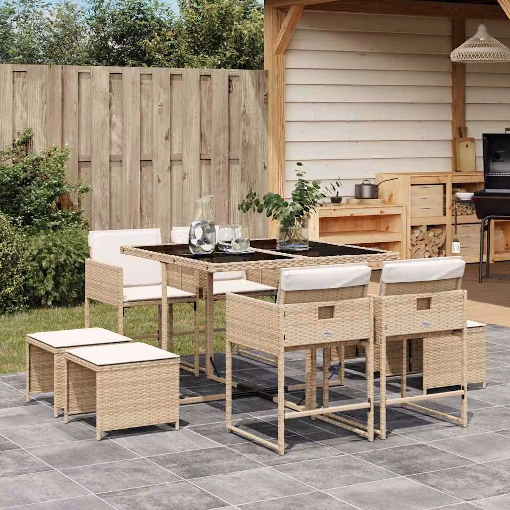 Set da Pranzo da Giardino vidaXL in Polyrattan con Cuscini Beige e Tavolo in Vetro 9 pz – 1