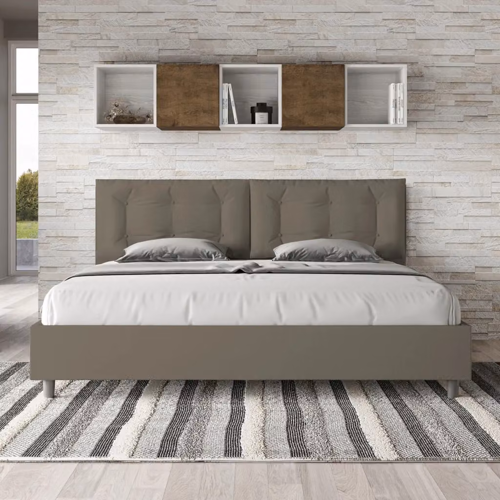 Letto Matrimoniale King Size Annalisa Large Senza Rete con Testata Imbottita e Cuscini in Similpelle Beige L: 222 cm, P: 215 cm, H: 110 cm – 2