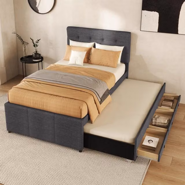 Letto singolo 90 × 200 cm con letto estraibile 90 × 190 cm, 3 cassetti e testiera regolabile, senza materasso, grigio
